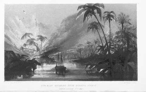 Boat Escaping Tree Mountain View LandScape Antique Sketch Drawing Stock Illustration
