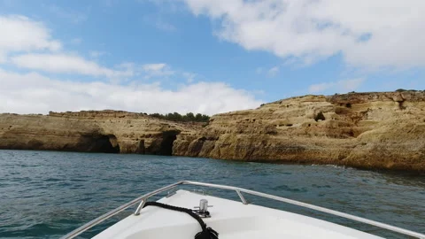 Boat Excursion Along Stunning Limestone Caves Near Benagil Beach in Portugal Stock Footage 309531418