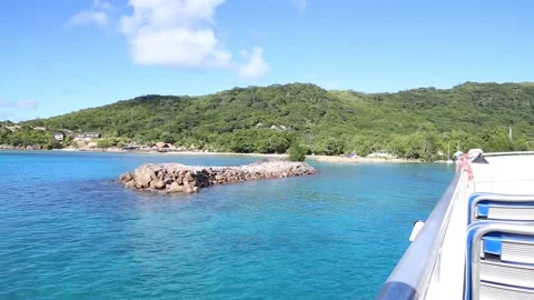 Boat, Ferry, Jetty docking at island La Digue, Seychelles Stock Footage 131358225