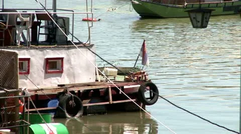 Boat with flag on a river Stock Footage 11216925