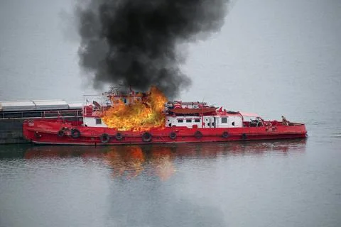 Boat in flames. Stock Photos