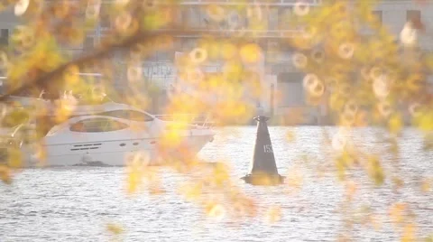 The boat floats on the background of the city Stock-Footage 45991640