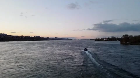 The boat floats on the river. Evening view from a drone. Stock Footage 140350839