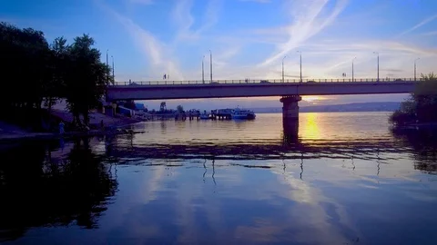 Boat floats under the bridge Stock Footage 96064571