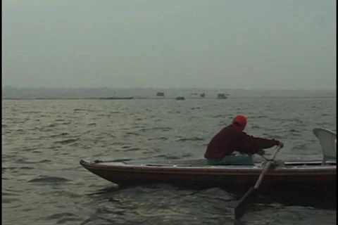 Boat on the Ganges River at Dawn, Varanasi, India Video stock 8606819