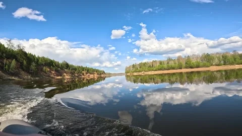 The boat goes along the river with a beautiful landscape Stock Footage 260867341