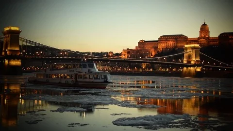 Boat on the icey Danube Stock Footage 71948008