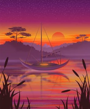 Boat illustration on sunset background. Stock Illustration