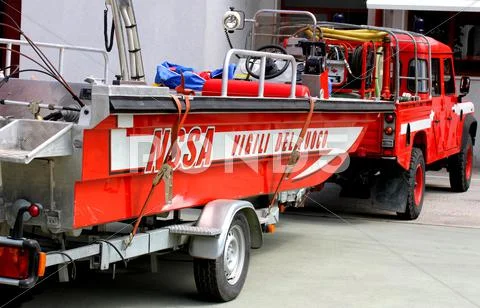 Boat Of The Italian Fire Department For Rescue During Floods