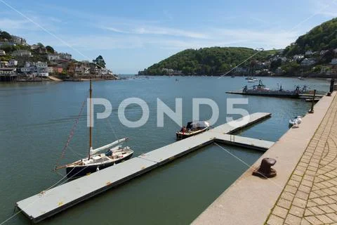 Boat jetty River Dart Dartmouth view to estuary entrance Stock Photos