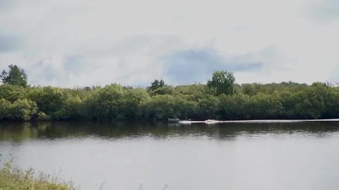 The boat jumps down the river 스톡 동영상 219971710