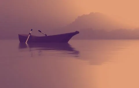A boat on the lake at sunset. Illustrazione stock