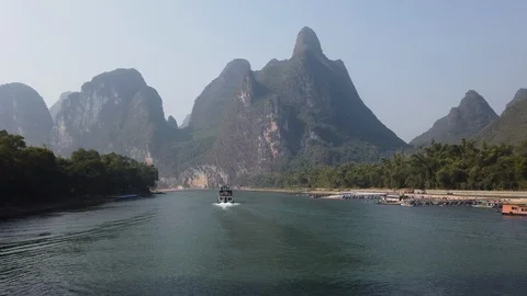 Boat on Li river cruise between Guiling and Yangshuo Stock Footage 121237355