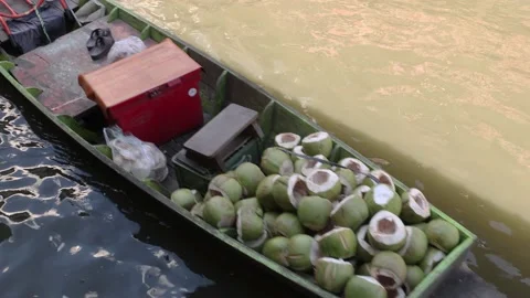 A boat loaded with coconuts sails at the Khlong Lat Mayom Floating Market Stock Footage 239964734