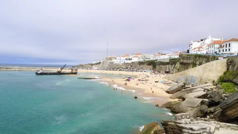 Boat loading sand near beach, Ericeira, Portugal. 스톡 동영상 202121523