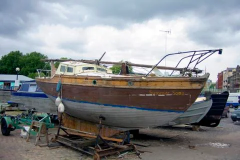 Boat in maintenance yard. Stock Photos