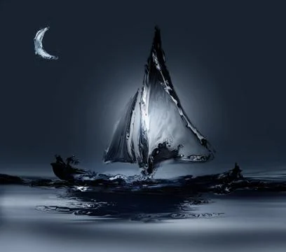 Boat in Moonlight Stock Illustration