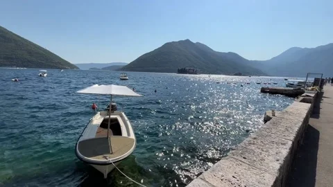 Boat moored - Adriatic Sea, Kotor Bay, gimbal shot Stock Footage 239779853