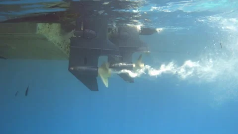 Boat motor propeller in action underwater Stock Footage 294841122