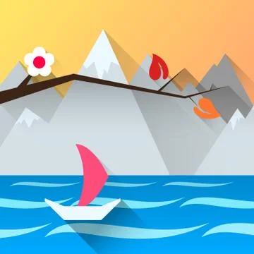 Boat, mountains, flower, leaf - vector illustration Stock Illustration