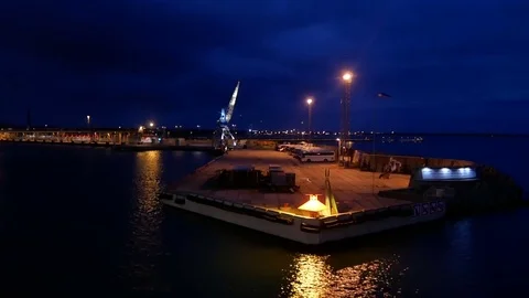 Boat moves night city sea Stock Footage