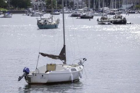 A boat moving on the ocean. Stock Photos
