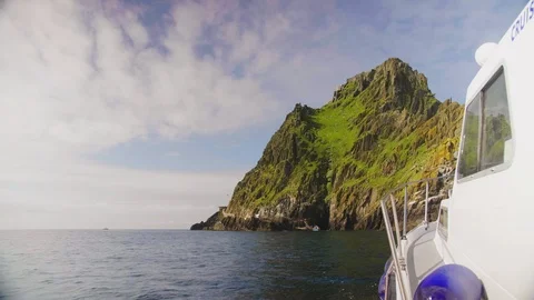Boat Moving Towards Skellig Michael Island Against Sky Stock Footage 86066978