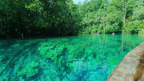 Boat navigating crystal clear turquoise water in Paisu Pok lake, Banggai Stock Footage 346263647