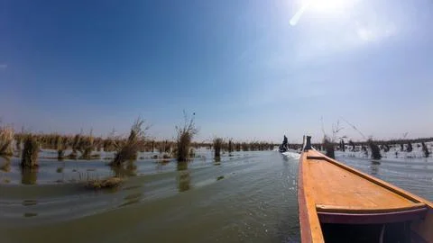 Boat Navigating Flooded Landscape Stock Photos