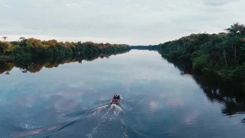 Boat navigating reflective Amazon river surface – aerial drone view Stock Footage 322127510