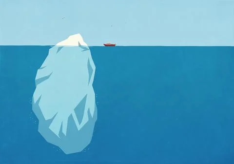 Boat on ocean surface nearing large underwater iceberg Stock-Illustration