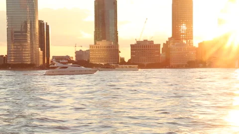 BOAT PAN HUDSON RIVER SUNSET Stock Footage 191028481