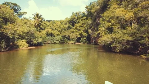 Boat pasing by a river Stock Footage 100762682