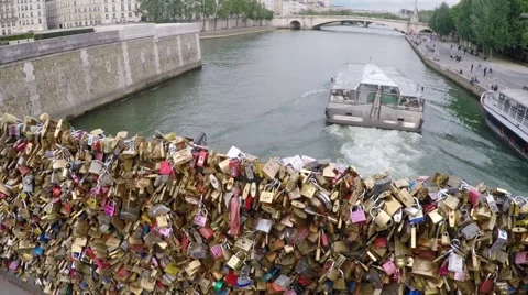 Boat Passes Under Love Locks Bridge River Seine Paris Stock Footage 65773834