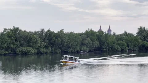 Boat passing through a riverbank Stock Footage 232341609