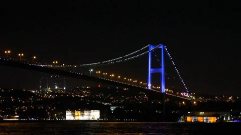 Boat passing under the bridge at night timelapse Stock Footage 102427163