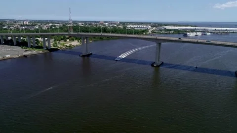 Boat passing under the Victory Bridge Stock Footage 134841405