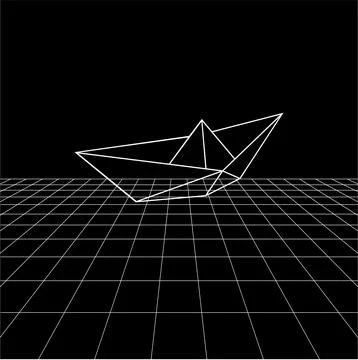 Boat polygonal lines on the Synthwave vaporwave, perspective grids Ilustración de archivo
