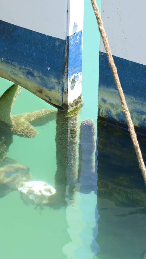 Boat Propeller and Hull Reflection in Turquoise Mediterranean Water Stock Footage 342779347