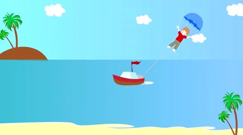 The boat pulls the boy on a parachute over the sea, animation, cartoon Stock Footage 44349870