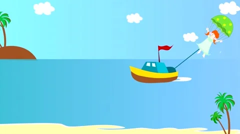 The boat pulls girl on a parachute over the sea, animation, cartoon Stock Footage 44349863