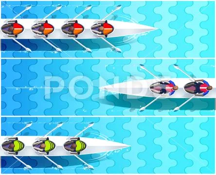 Boat Race with Canoes on a river. Top view of a sculling race. Stock Illustration