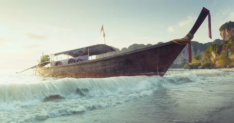 Boat at ralay beach in sunset time, Krabi, Thailand Stock Footage 110357173