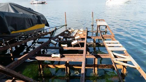 Boat ramp or boat parking platform. Rusty boat slipway Stock Photos
