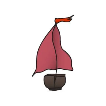 Boat with a red sail. vector illustration. Drawing by hand. Stock Illustration