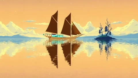 Boat on a reflective Surface Cartoon: Sailing boat on an animated lake with sun Stock Footage 306505346