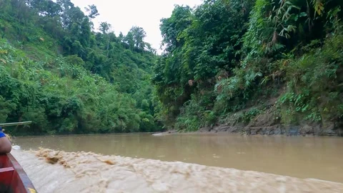 Boat ride in muddy stream between green mountains Stock Footage 273635874