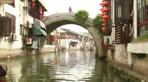 Boat ride on the river in Zhujiajiao, China Stock Footage