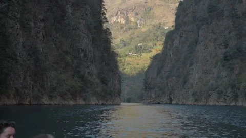 Boat Ride Through  Mountain Range on Ha Giang Loop River – Ma Pi Leng, Vietnam Stock Footage 302956124