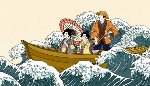 Boat ride trip in ukiyo-e style Stock Illustration